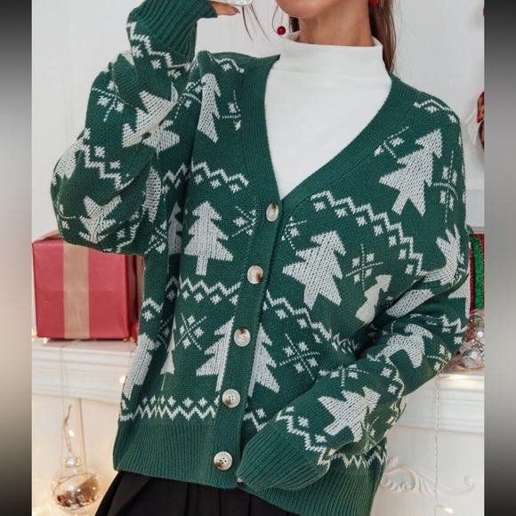 Christmas Tree Pattern Drop Shoulder V Neck Cardigan - Picture 1 of 11